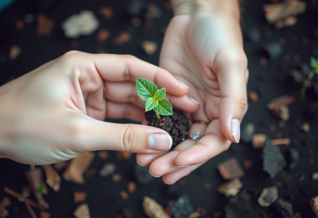 Hands holding a plant sprout with earth in background