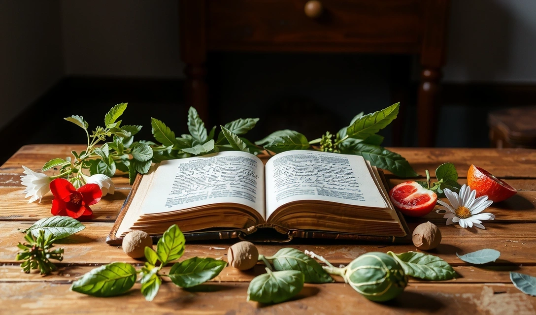 Open book with botanical elements, symbolizing knowledge and nature