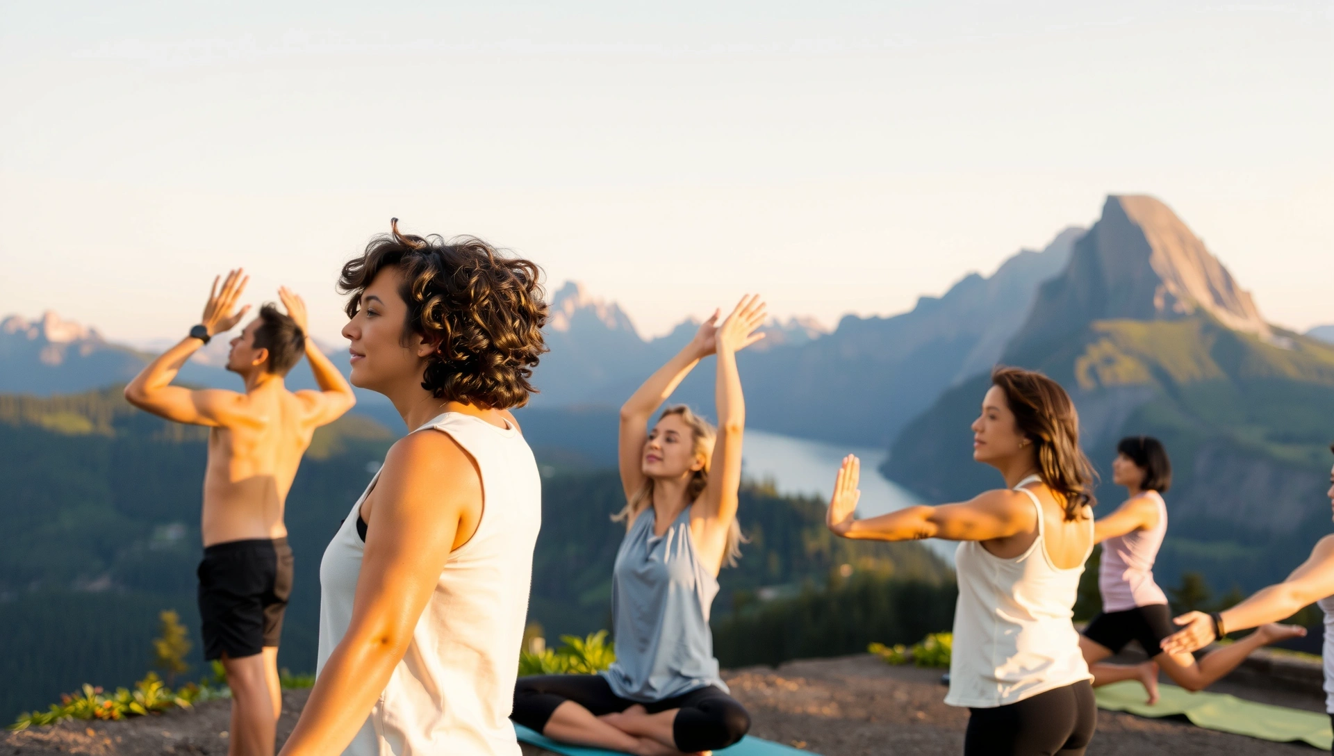 Serene natural landscape with diverse individuals showcasing well-being