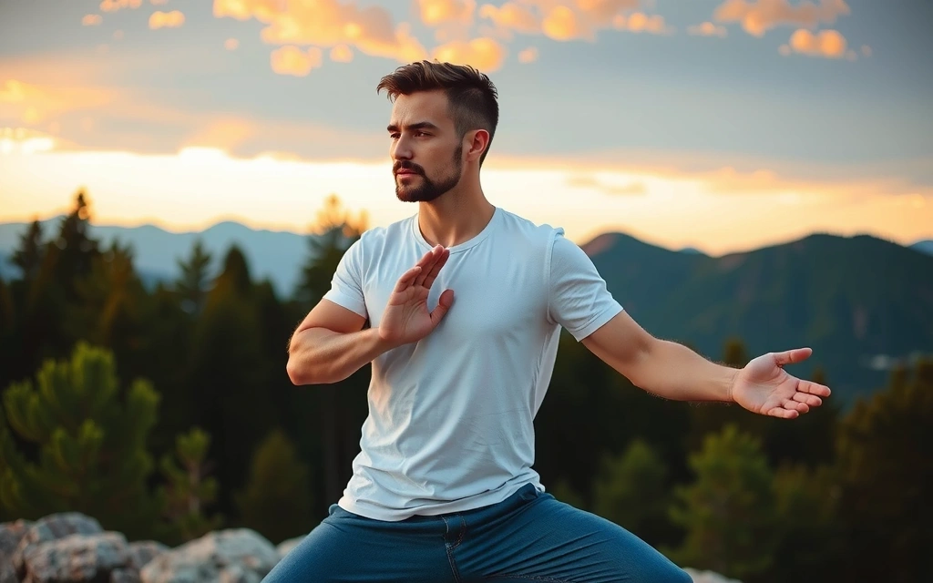 A man practicing yoga or meditation in a natural, serene outdoor setting, symbolizing holistic well-being for men.