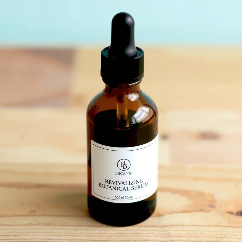 Close-up of Revitalizing Botanical Serum bottle, showing elegant design and natural essence