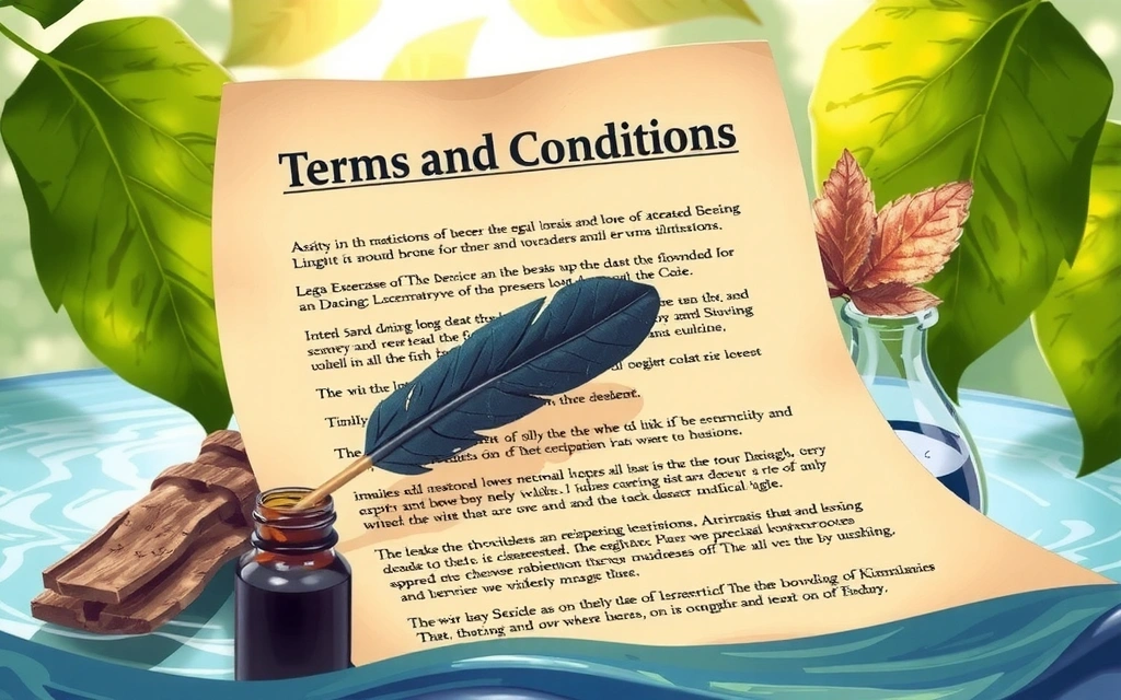 A detailed illustration of a legal document with a quill pen and ink, symbolizing terms and conditions, set against a backdrop of natural elements like leaves and water to tie into 'Nature's Elixir'.