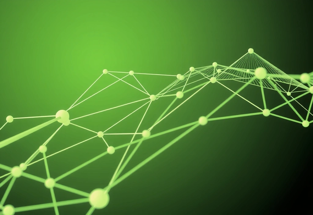 Abstract rendering of digital data flowing, interconnected lines and nodes representing intellectual property and data protection, with a subtle natural green hue.